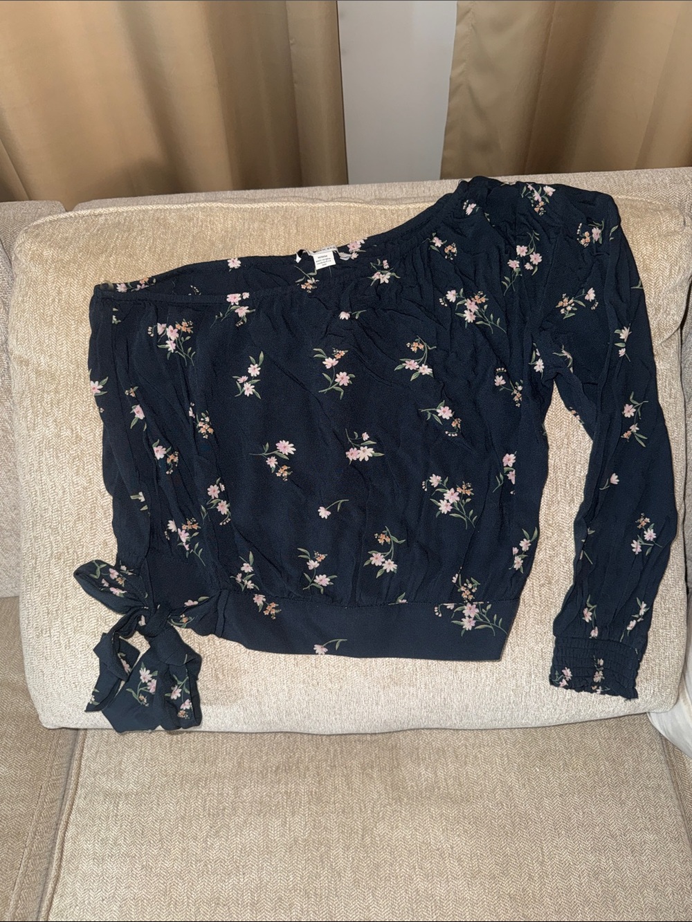 American Eagle Outfitters Navy Floral Off-the-Shoulder Sweater with Side Tie